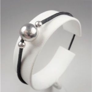 STERLING SILVER BALLS SURFER STYLE BLACK BRACELET